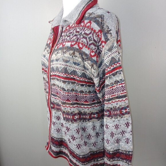 HEIRLOOM COLLECTIBLE  VINTAGE FRONT ZIP CARDIGAN GRAY AND RED DESIGNS WOMENS LG - Picture 2 of 8